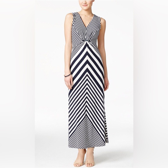 NY Collection Maxi Dress Women Medium Black WHite Striped Long Preppy Sleeveless - Picture 1 of 10